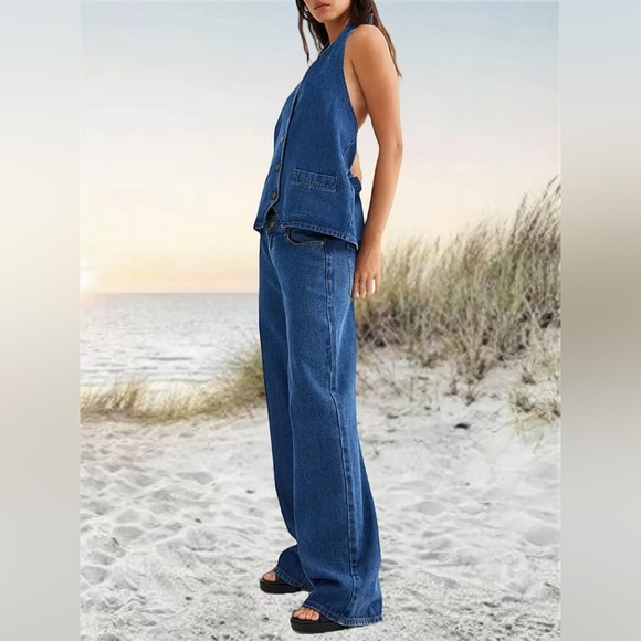 14.Premium Denim Two PiecesSet Button Backless Halter Top Wide Leg Jeans Stylish - Picture 3 of 7